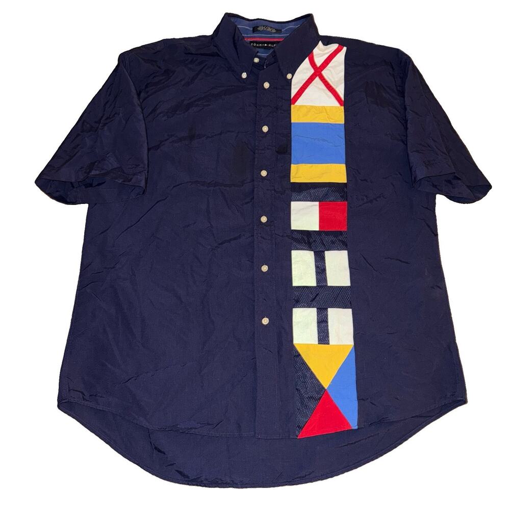 Tommy Hilfiger Nautical Sailing Colorblock Embroidered Button-Down Shirt XL Y2K